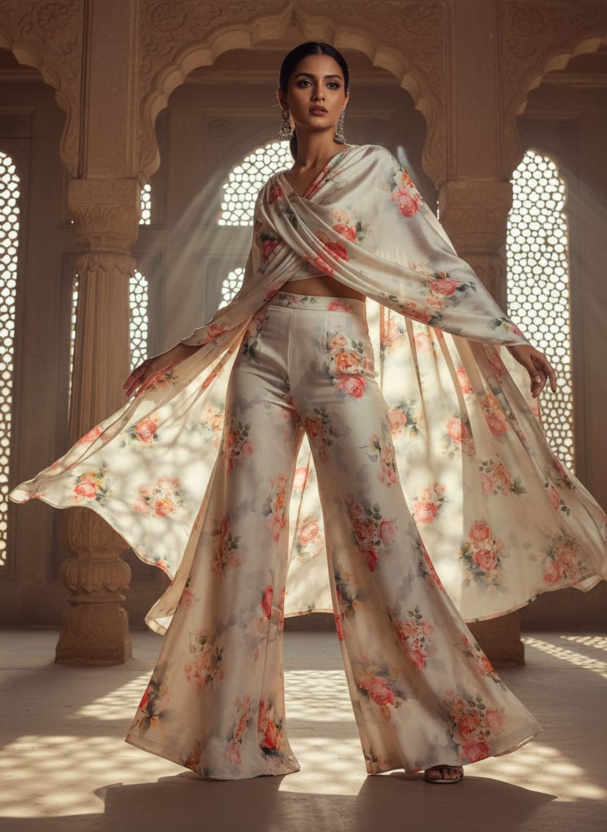 Red Floral Printed Silk Crepe Fabric Material