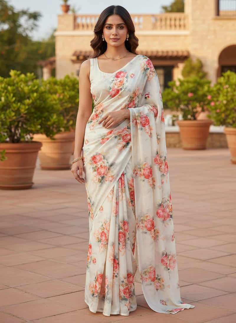 Red Floral Printed Silk Crepe Fabric Material