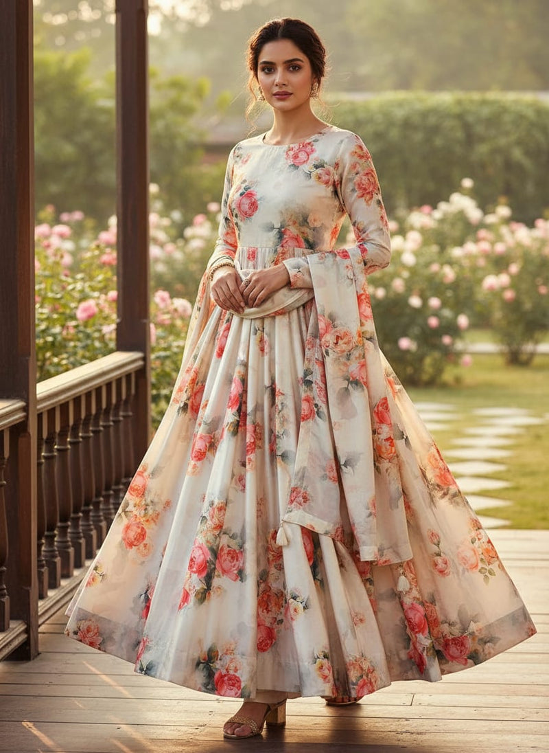 Red Floral Printed Silk Crepe Fabric Material