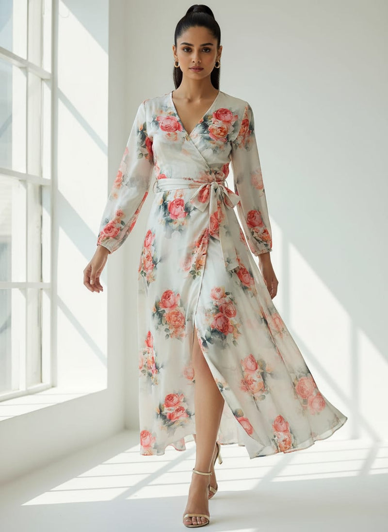 Red Floral Printed Silk Crepe Fabric Material
