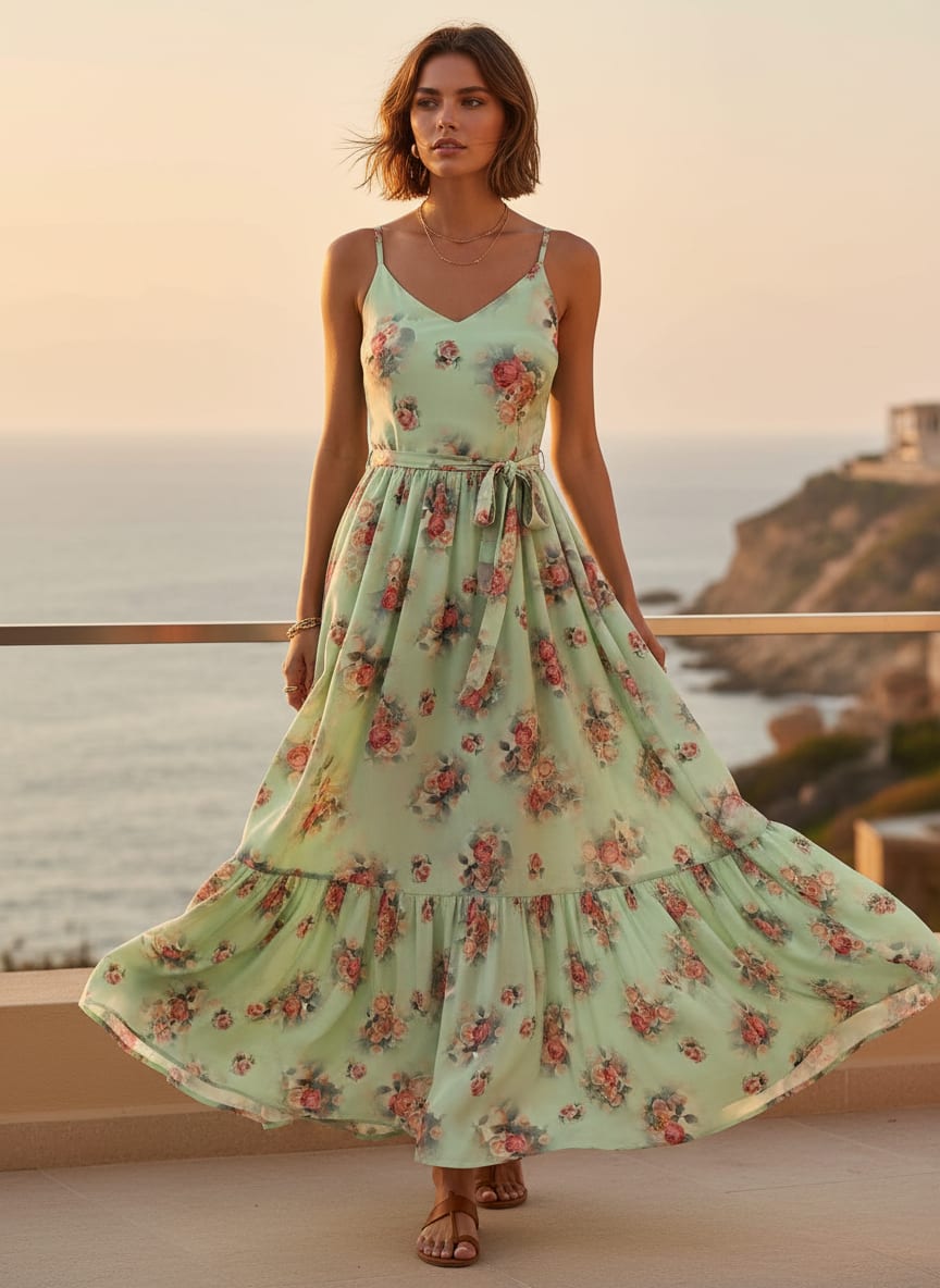 Green Pista Flower Printed Silk Crepe Fabric Material