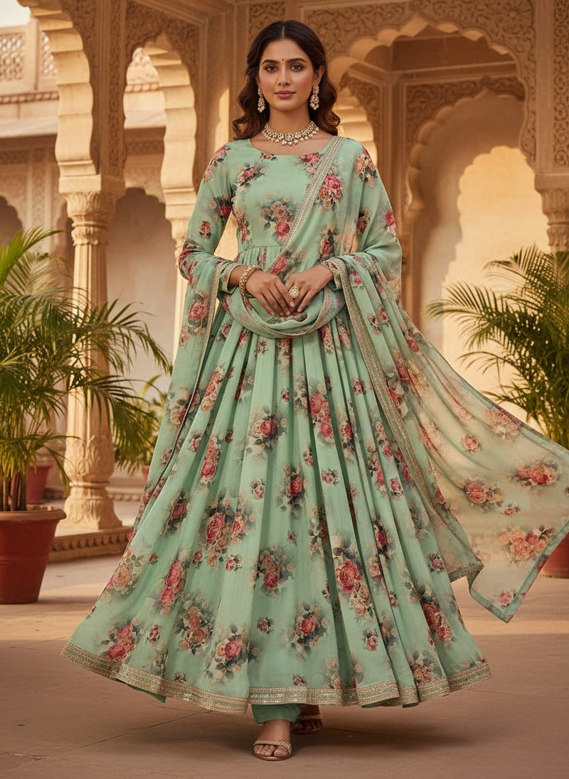 Green Pista Flower Printed Silk Crepe Fabric Material