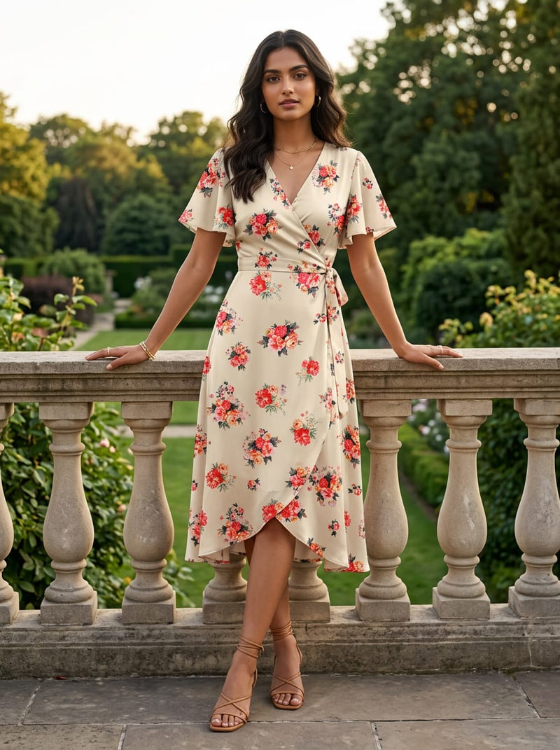Cream Classic Rose Bouquet Silk Crepe Digital Printed Fabric