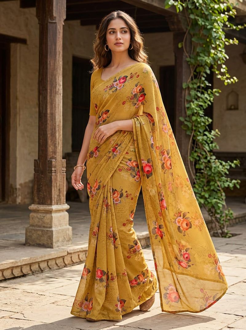 Yellow Classic Rose Floral Pure Georgette Digital Printed Fabric
