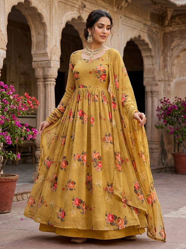 Yellow Classic Rose Floral Pure Georgette Digital Printed Fabric - Anarkali Kurta Set Lookbook - PG-0-TA08928P3-110 - alternate view