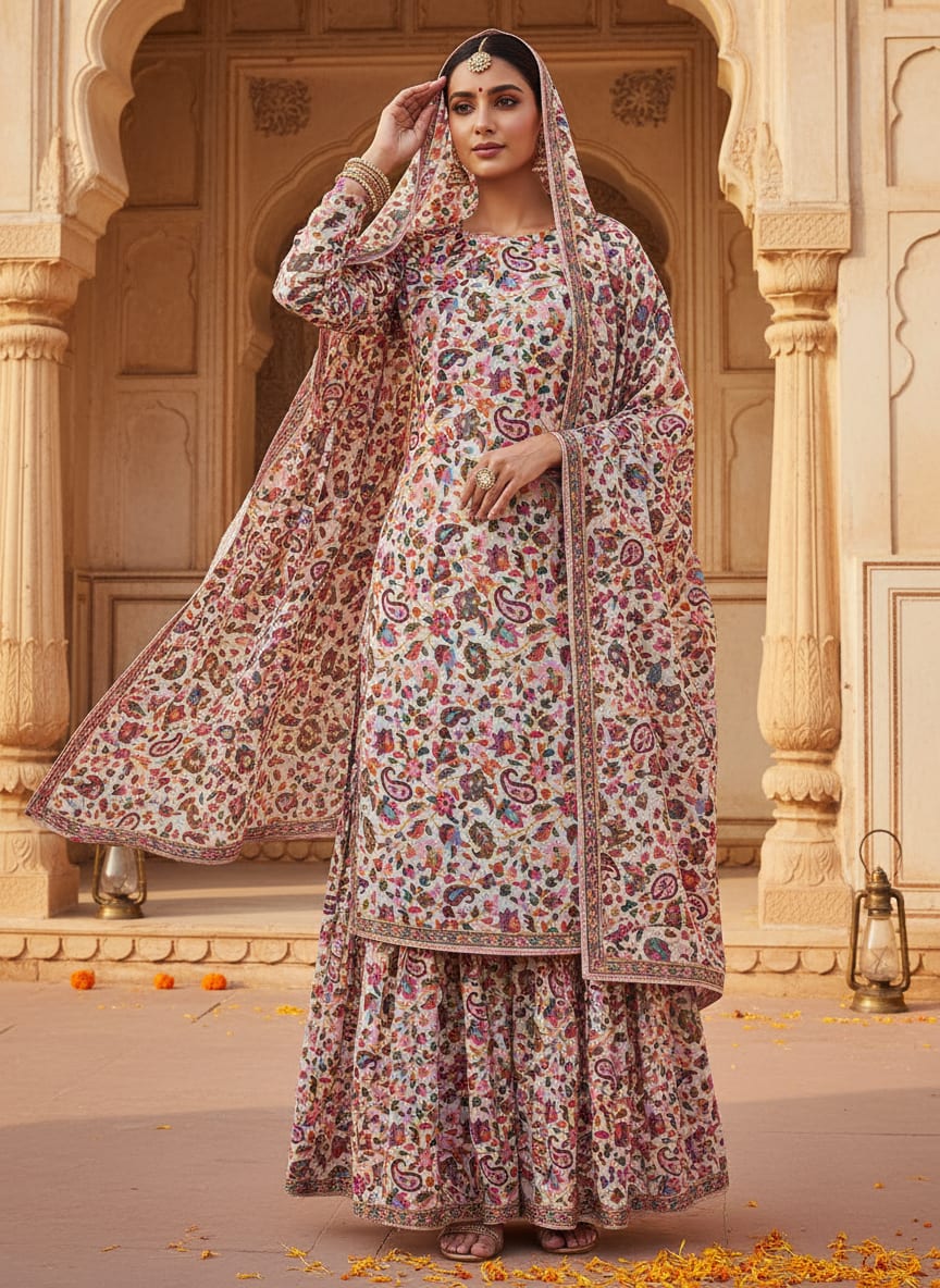Multicolor Small Ethnic Floral Paisley Pure Georgette Digital Printed Fabric