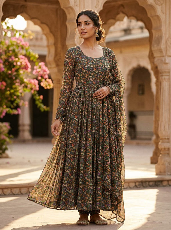 Multicolor Bohemian Folk Art Floral Pure Georgette Digital Printed Fabric - Anarkali Kurta Set Lookbook - PG-0-MA014837-110 - alternate view