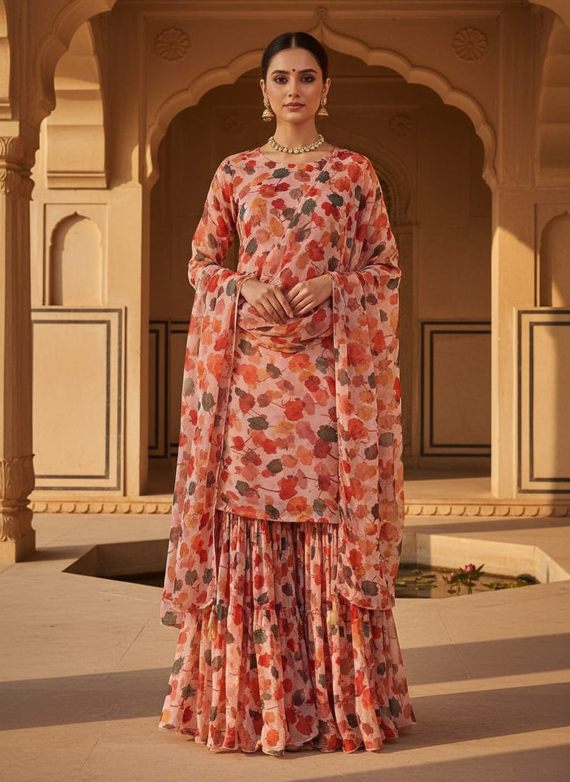 Red Watercolor Printed Pure Chiffon Fabric