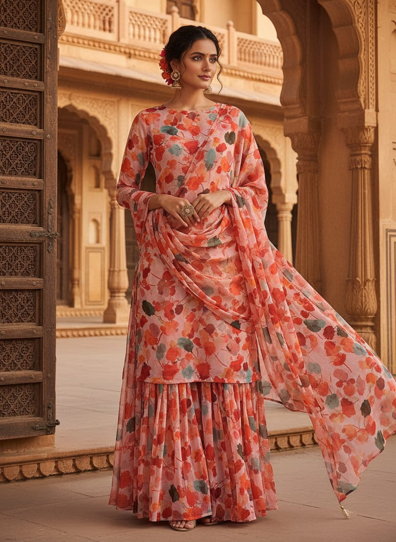 Red Watercolor Printed Pure Chiffon Fabric