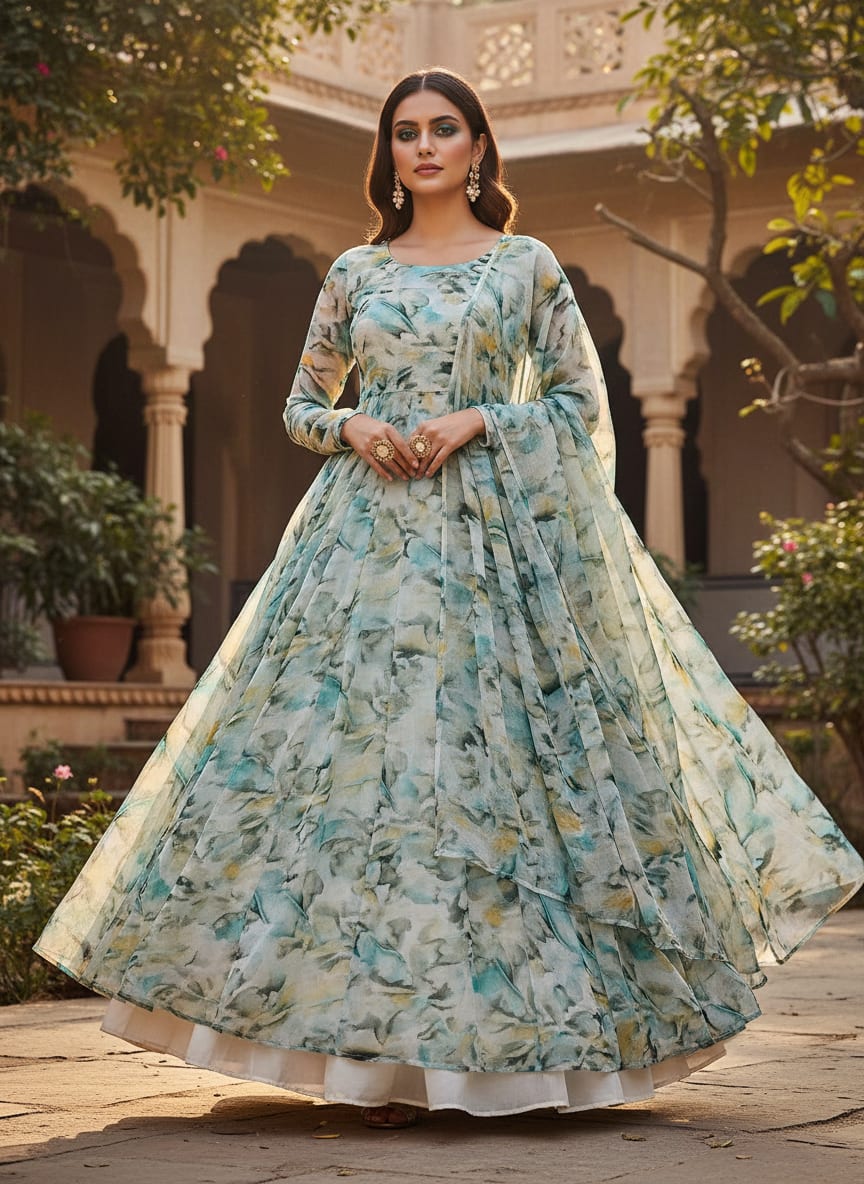 White Leaves Printed Pure Chiffon Fabric