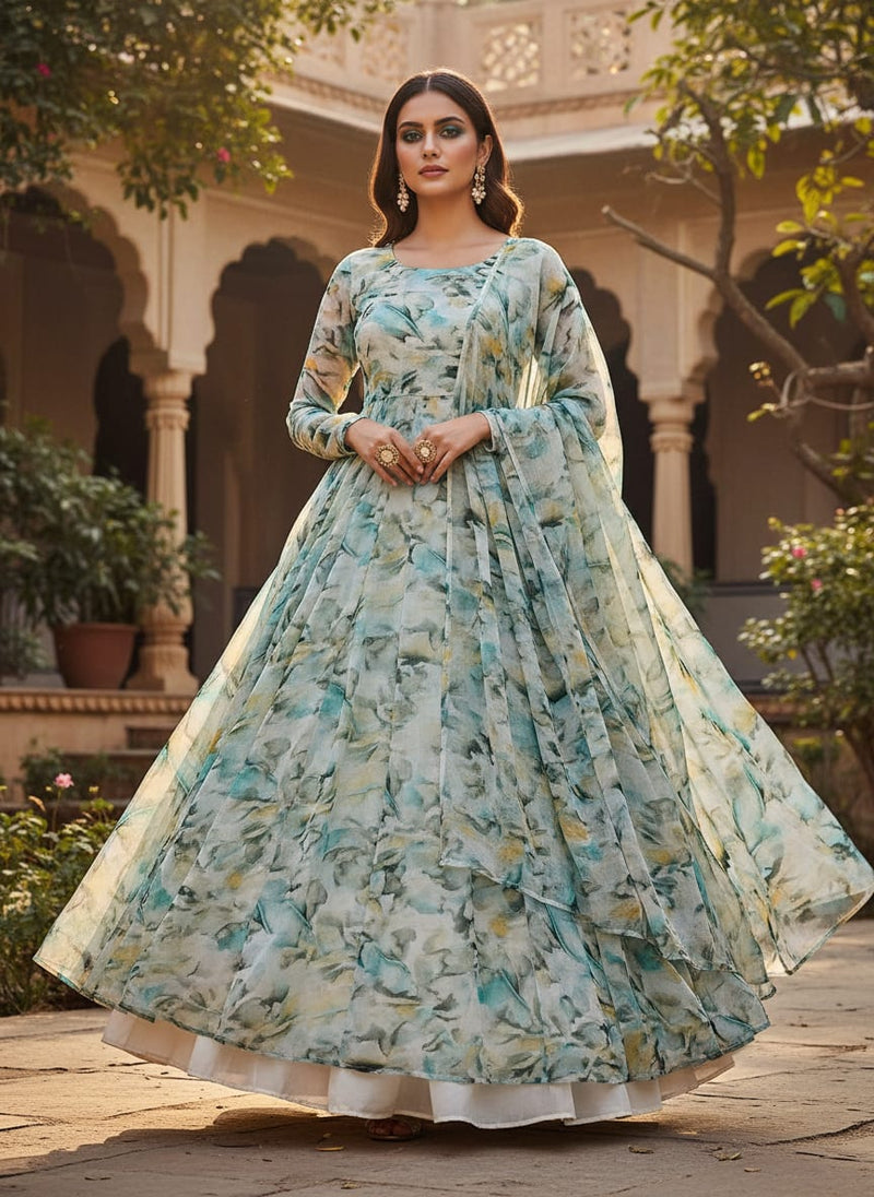 White Leaves Printed Pure Chiffon Fabric