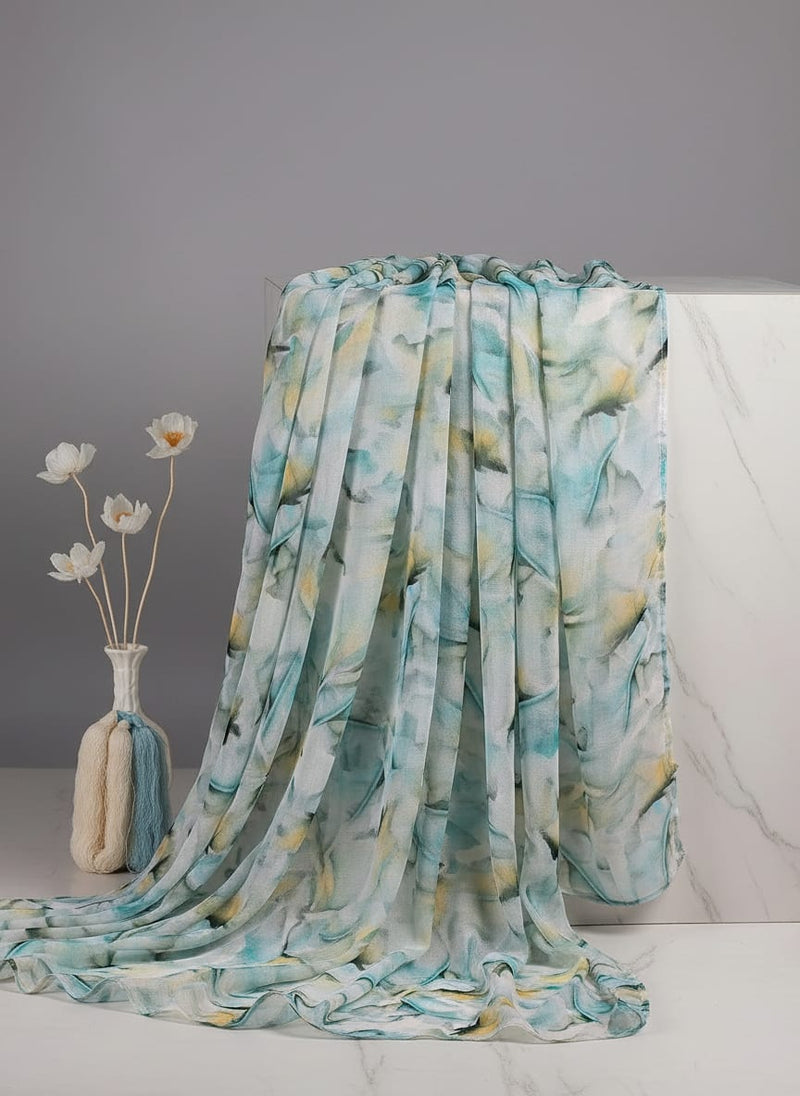 White Leaves Printed Pure Chiffon Fabric