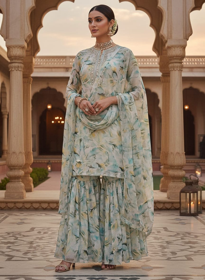 White Leaves Printed Pure Chiffon Fabric