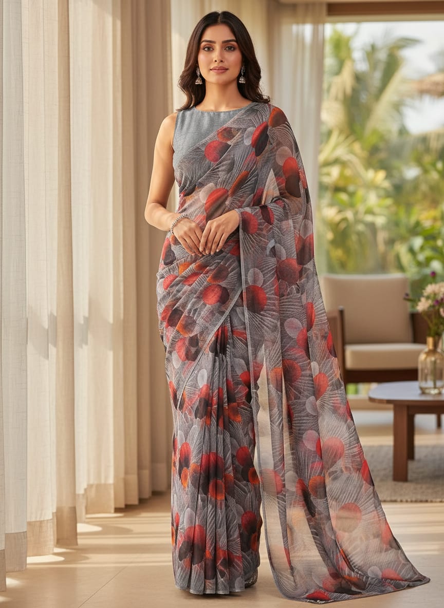 Blue Abstract Printed Pure Chiffon Fabric