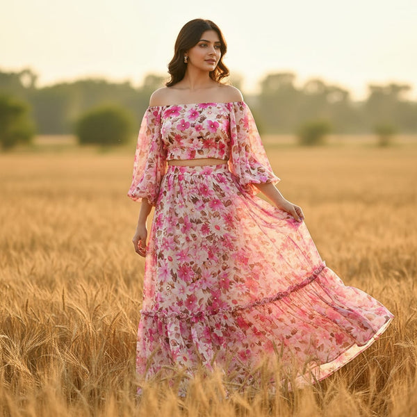 Pink Flower Printed Pure Chiffon Fabric - alternate view