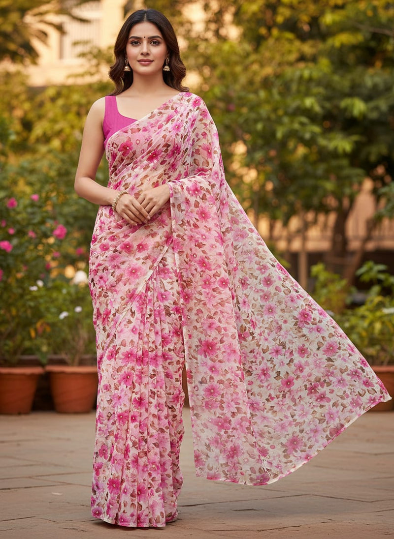 Pink Flower Printed Pure Chiffon Fabric