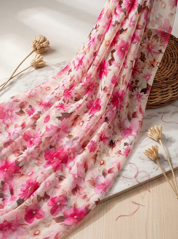 Pink Painterly Floral Bloom Pure Chiffon Digital Printed Fabric - Fabric Editorial Studio Flatlay Lookbook - PCH-0-TA09696-96
