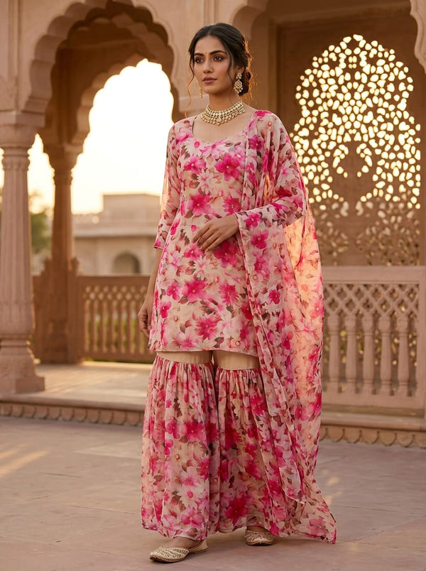 Pink Painterly Floral Bloom Pure Chiffon Digital Printed Fabric - Gharara Set Lookbook - PCH-0-TA09696-96 - alternate view
