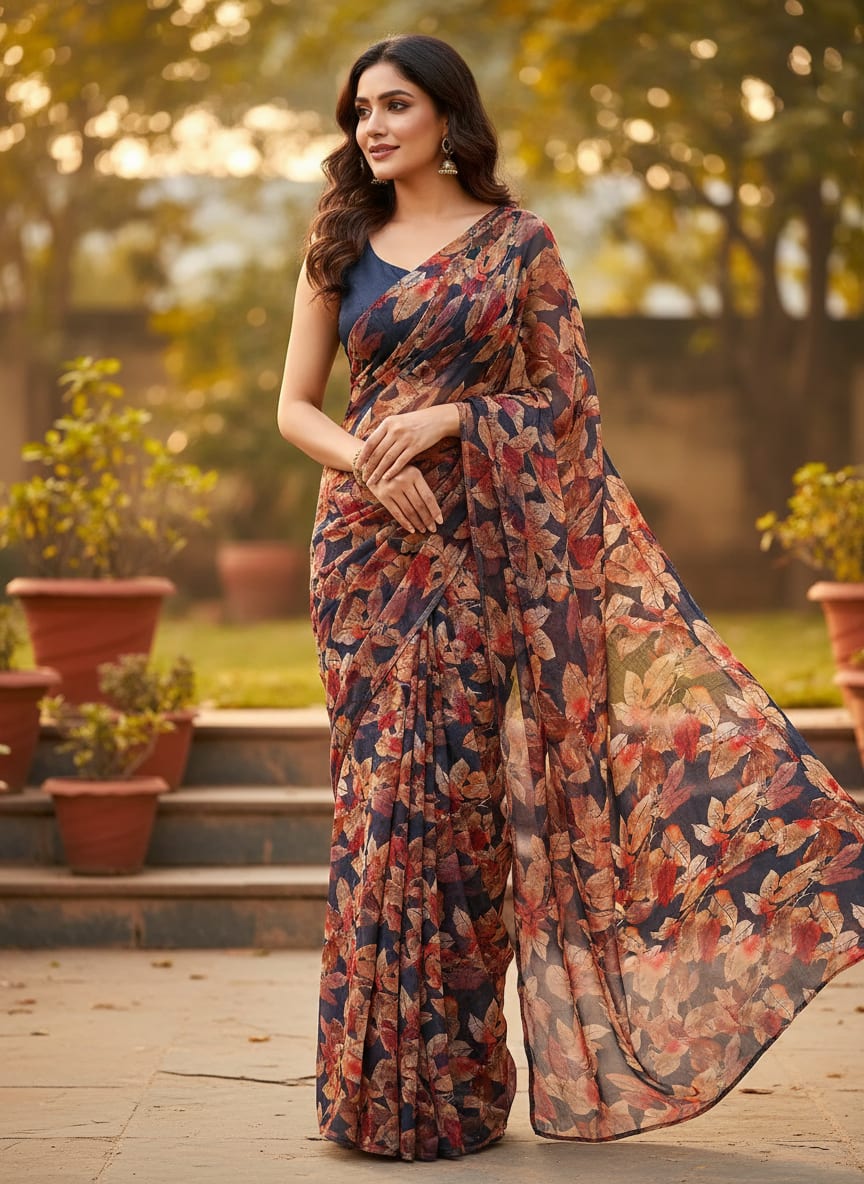 Blue Leaves Printed Pure Chiffon Fabric