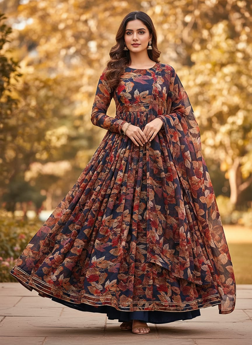 Blue Leaves Printed Pure Chiffon Fabric