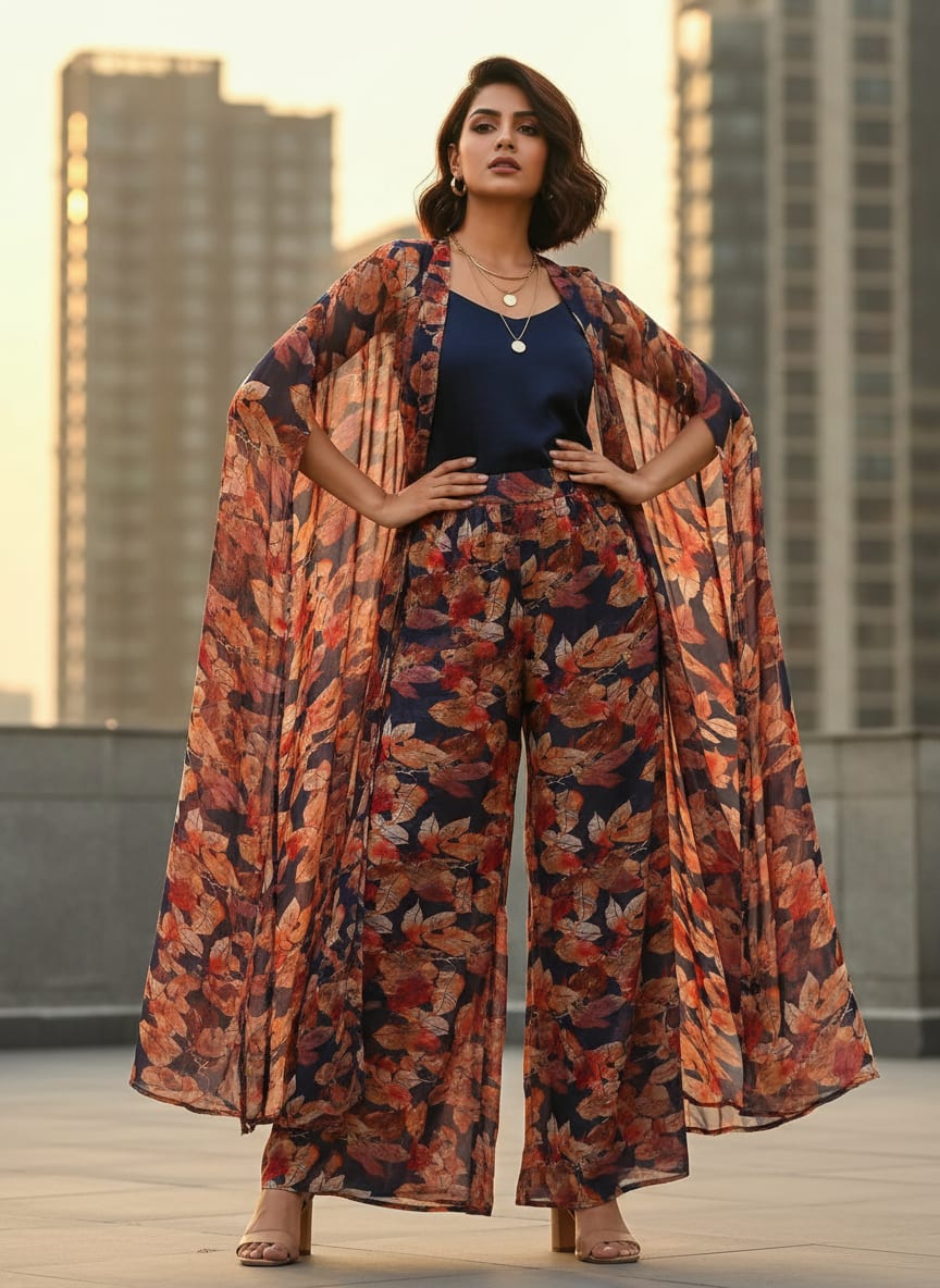 Blue Leaves Printed Pure Chiffon Fabric
