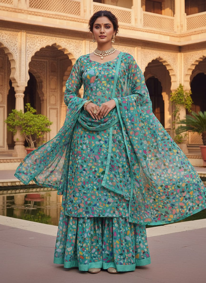 Medium Turquoise Abstract Printed Pure Chiffon Fabric