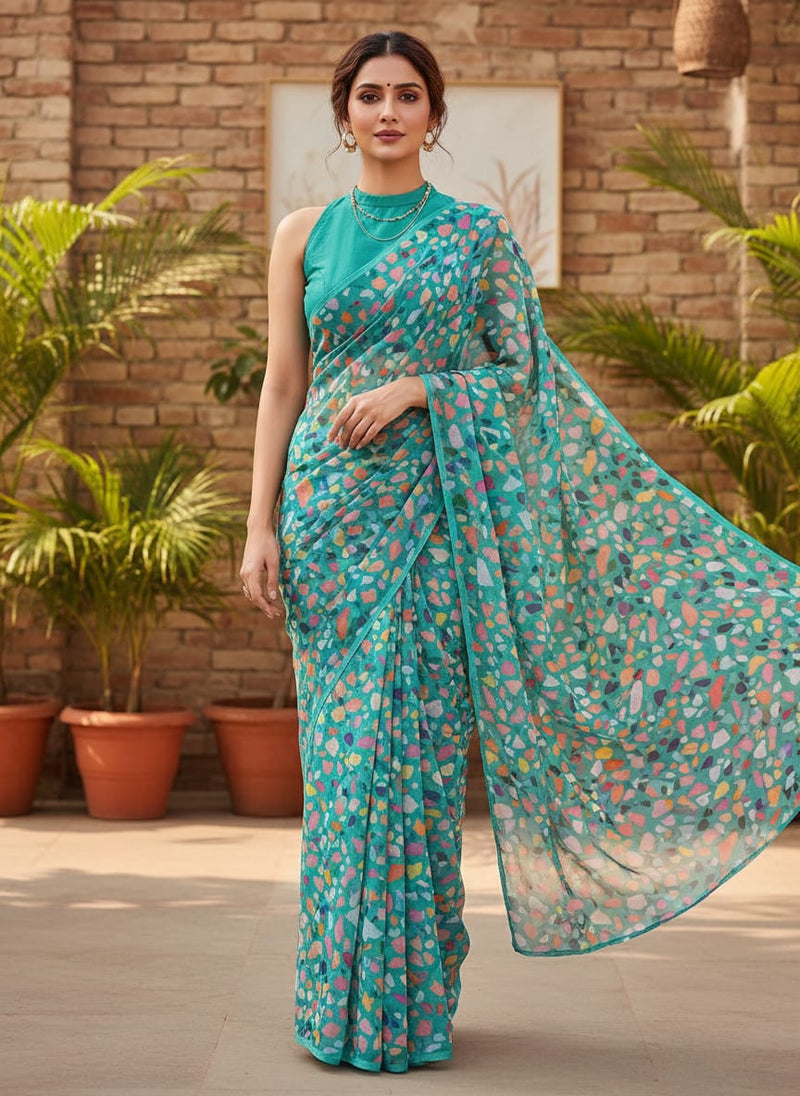 Medium Turquoise Abstract Printed Pure Chiffon Fabric