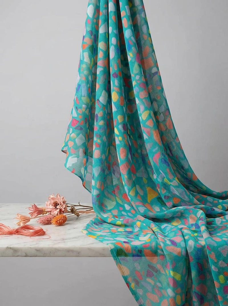 Teal Colorful Abstract Terrazzo Pattern Pure Chiffon Digital Printed Fabric