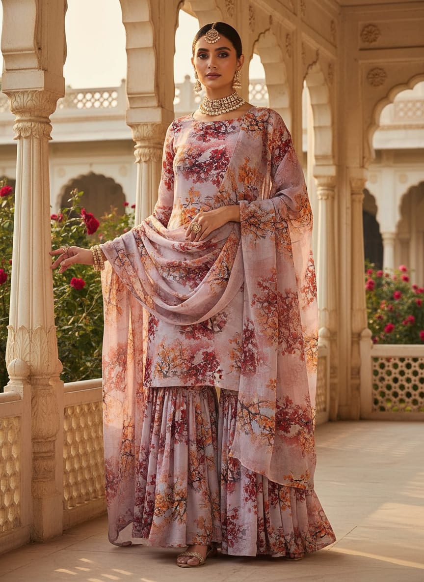 Misty Rose Leaves Printed Pure Georgette Fabric