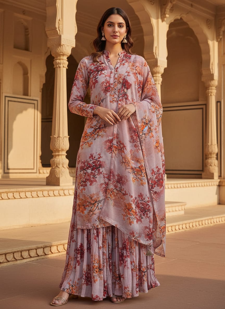 Misty Rose Leaves Printed Pure Georgette Fabric
