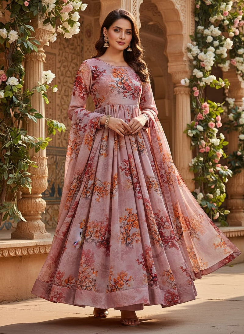 Misty Rose Leaves Printed Pure Georgette Fabric