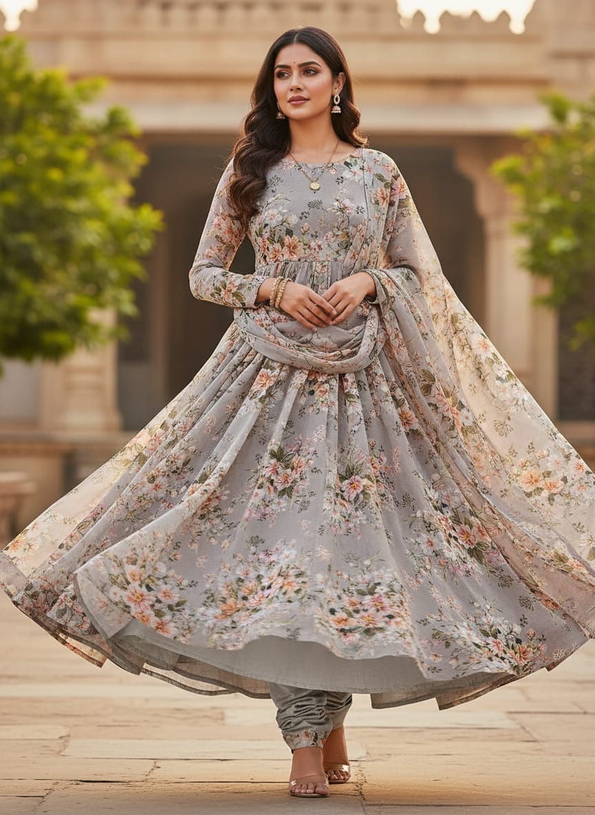 Green Flower Printed Pure Georgette Fabric