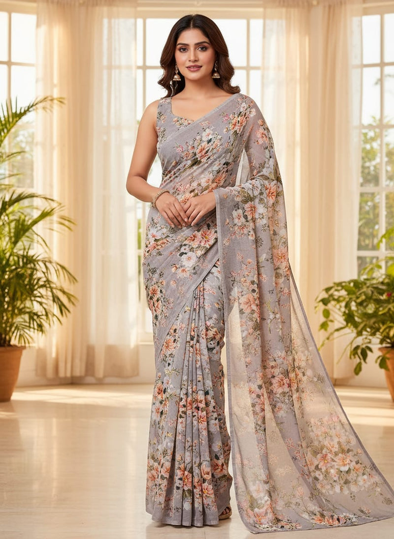 Green Flower Printed Pure Georgette Fabric