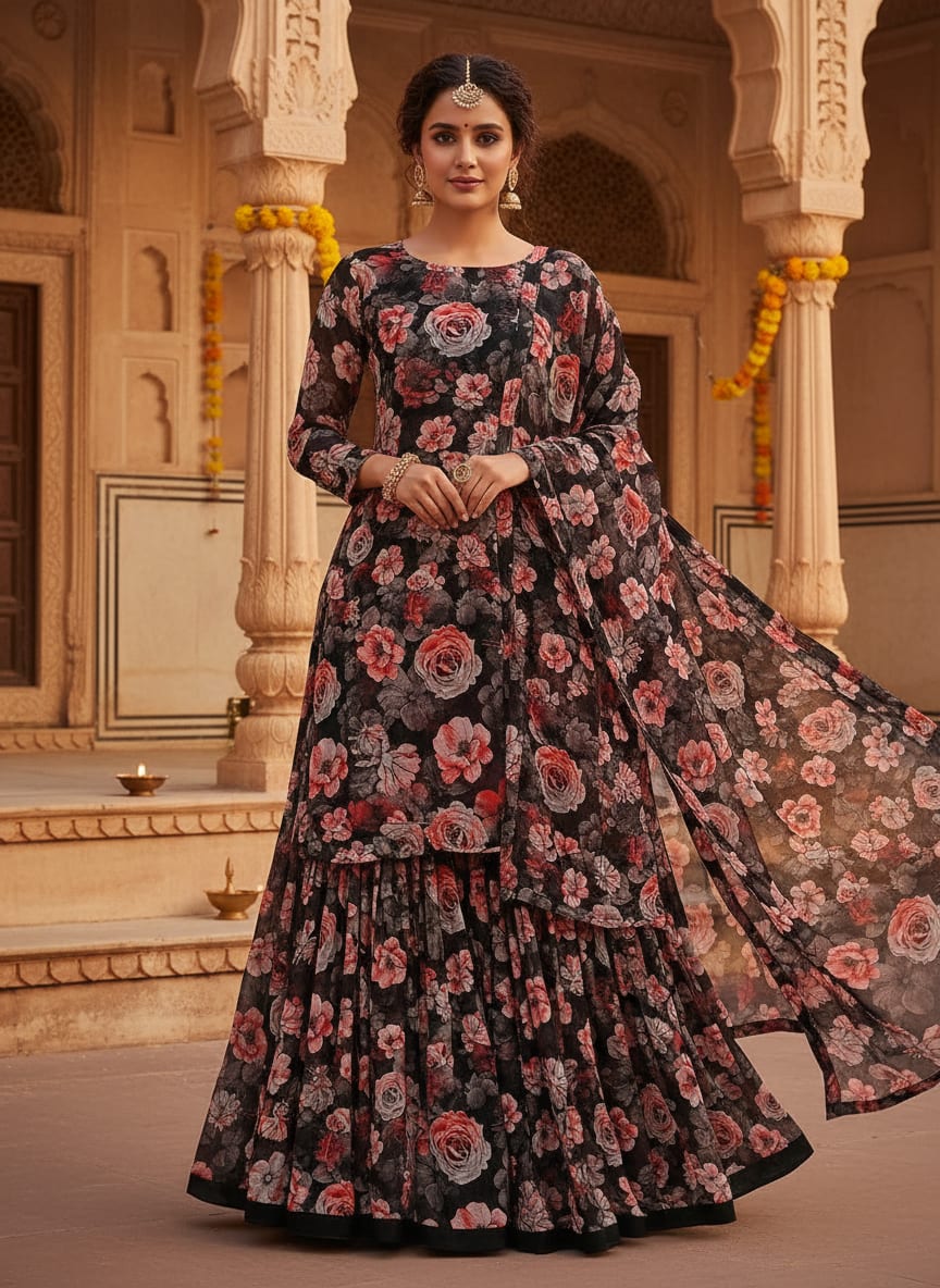 Red Floral Printed Pure Georgette Fabric