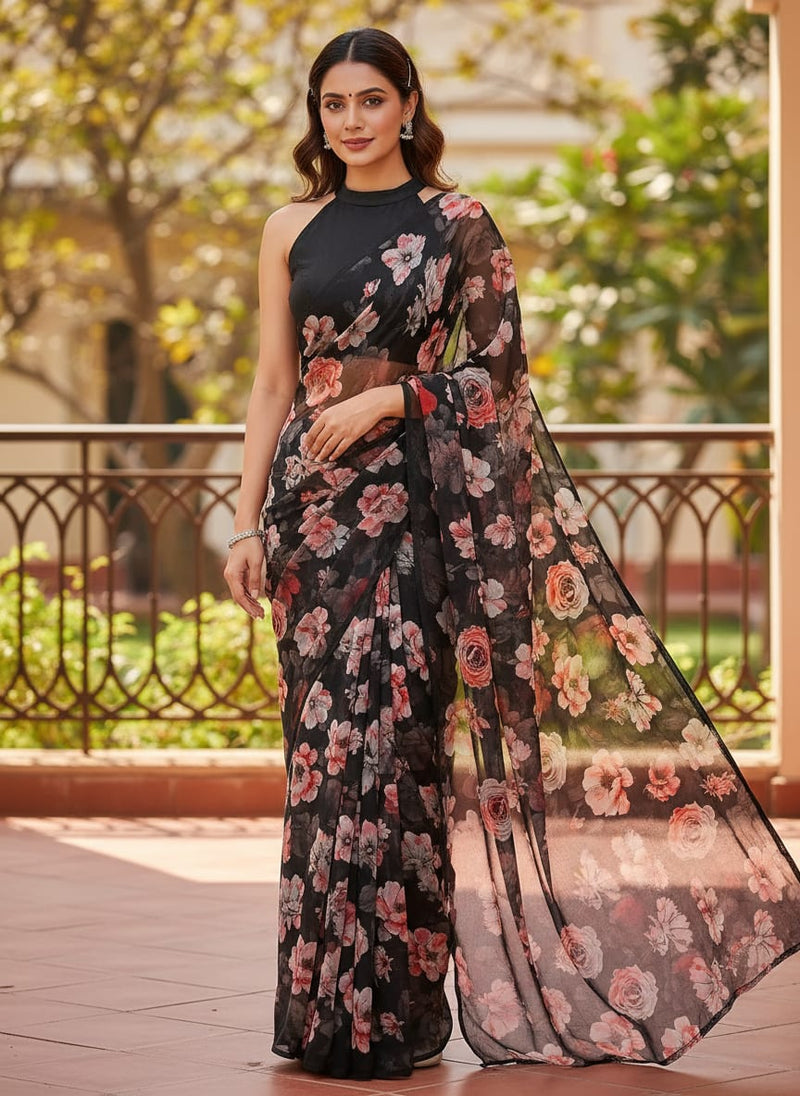 Red Floral Printed Pure Georgette Fabric