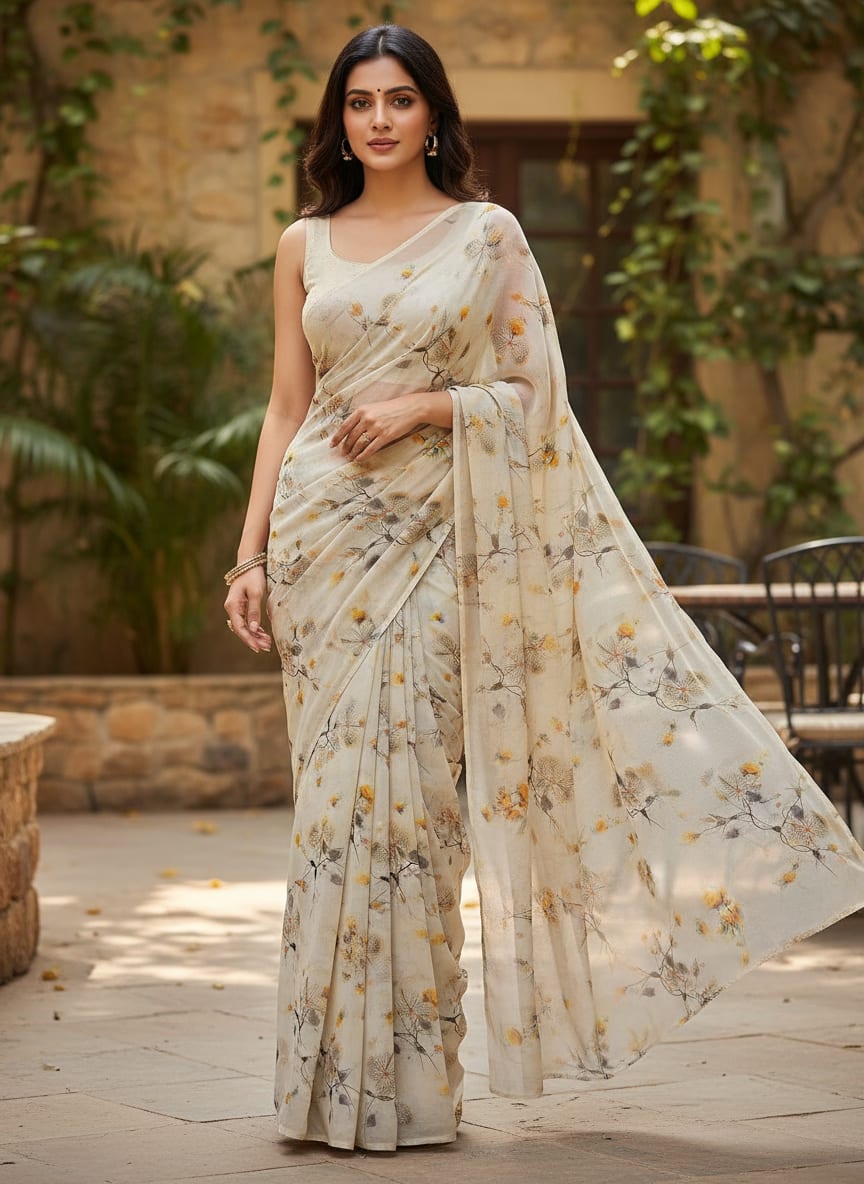 Yellow Leaves Printed Pure Georgette Fabric