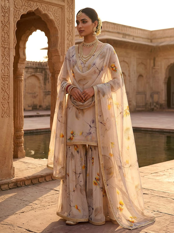 Cream Abstract Dandelion Botanical Pure Georgette Digital Printed Fabric - Gharara Set Lookbook - PG-0-TA010804P7-110 - alternate view