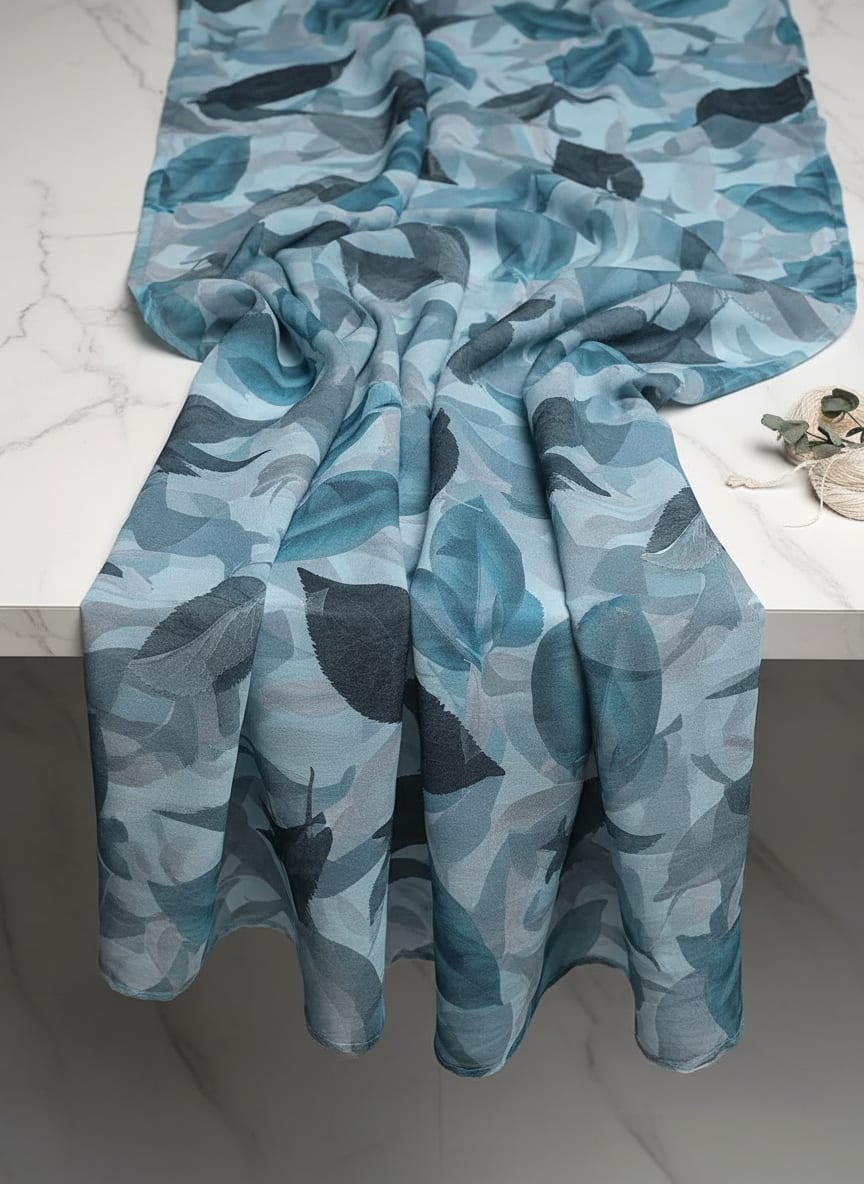Light Blue Leaves Printed Pure Georgette Fabric