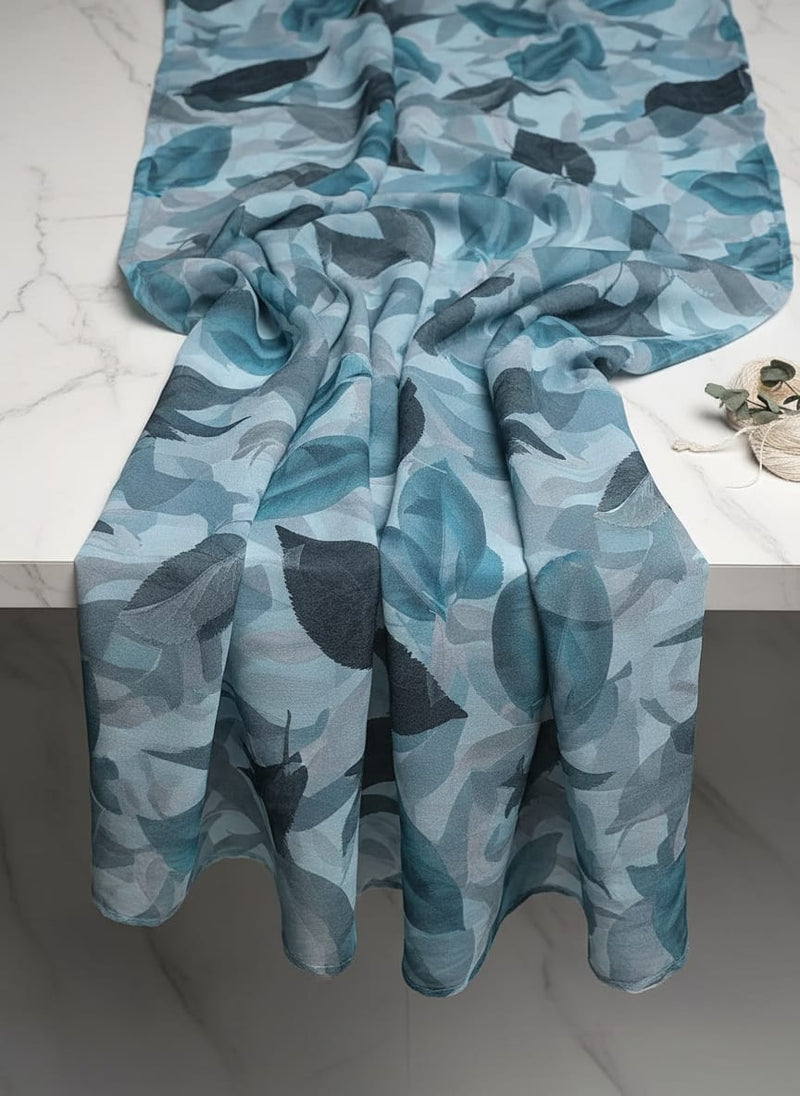 Light Blue Leaves Printed Pure Georgette Fabric