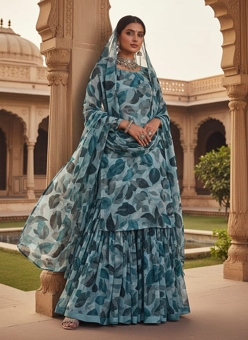Light Blue Leaves Printed Pure Georgette Fabric