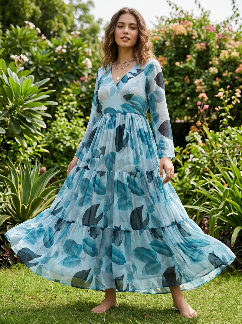 Blue Layered Botanical Leaf Print Pure Georgette Digital Printed Fabric