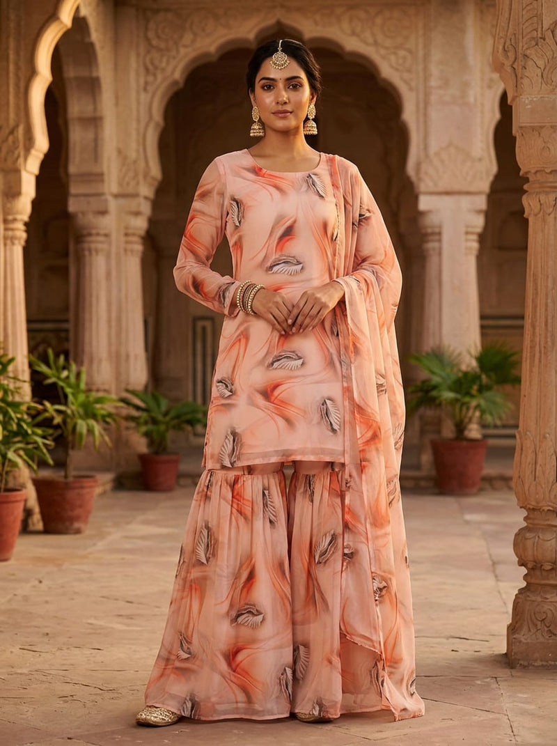 Peach Abstract Feather and Swirl Pure Georgette Digital Printed Fabric