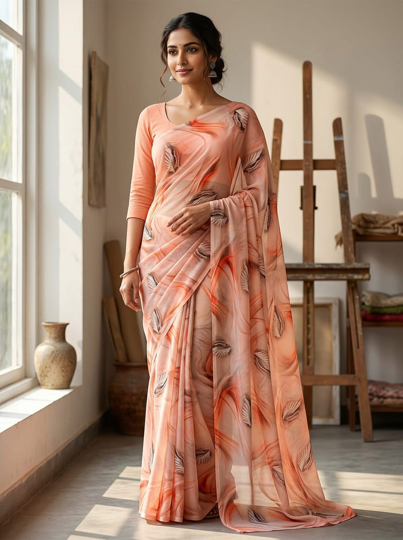 Peach Abstract Feather and Swirl Pure Georgette Digital Printed Fabric