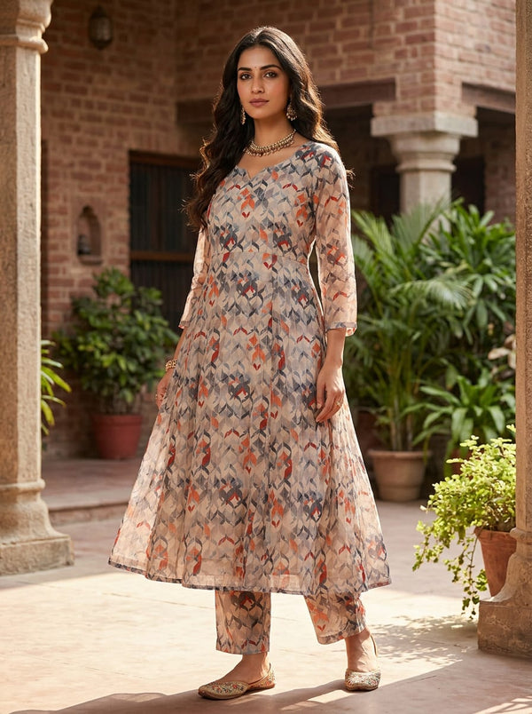 Multicolor Abstract Geometric Leaf Pattern Pure Muslin Digital Printed Fabric - A-Line Kurta with Salwar Lookbook - PM-0-TA0706-110 - alternate view