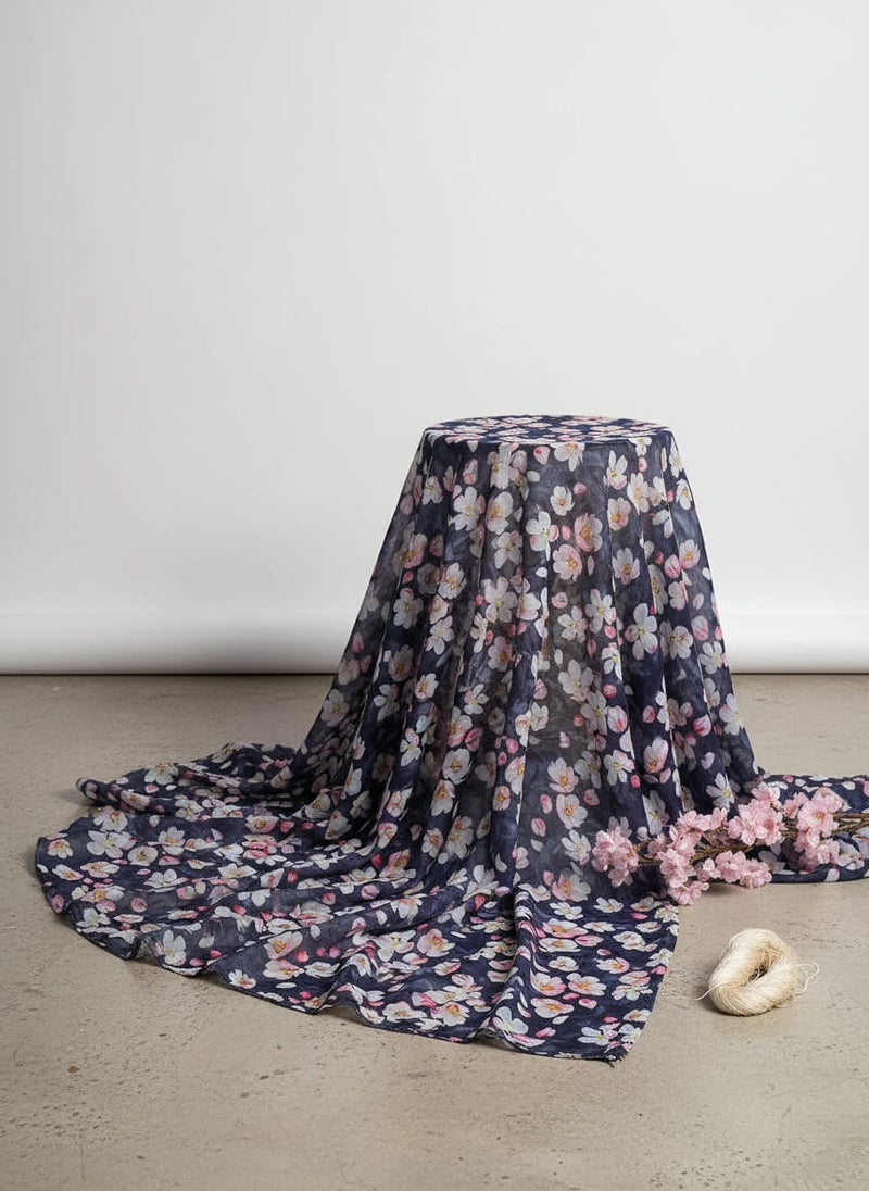 Blue Floral Printed Pure Muslin Fabric