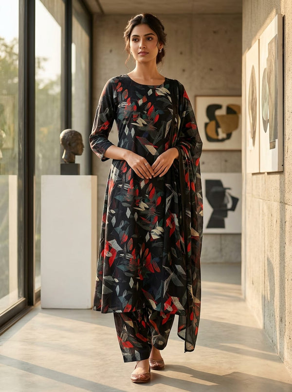 Multicolor Abstract Scribble Geometric Pure Muslin Digital Printed Fabric - A-Line Kurta with Salwar Lookbook - PM-0-TA09450-110 - alternate view