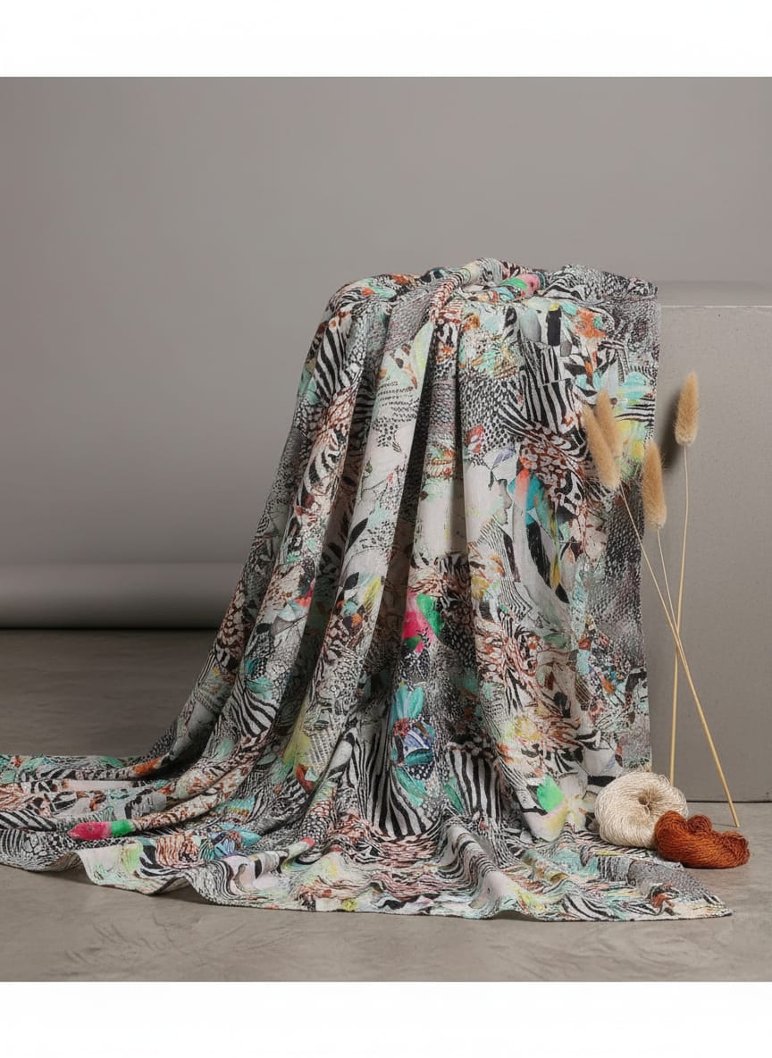 Blue Paper Art Printed Pure Muslin Fabric