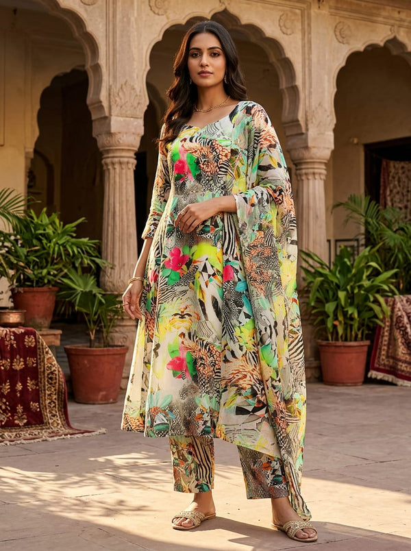 Multicolor Abstract Animal Print Collage Pure Muslin Digital Printed Fabric - A-Line Kurta with Salwar Lookbook - PM-0-TA09497-110 - alternate view