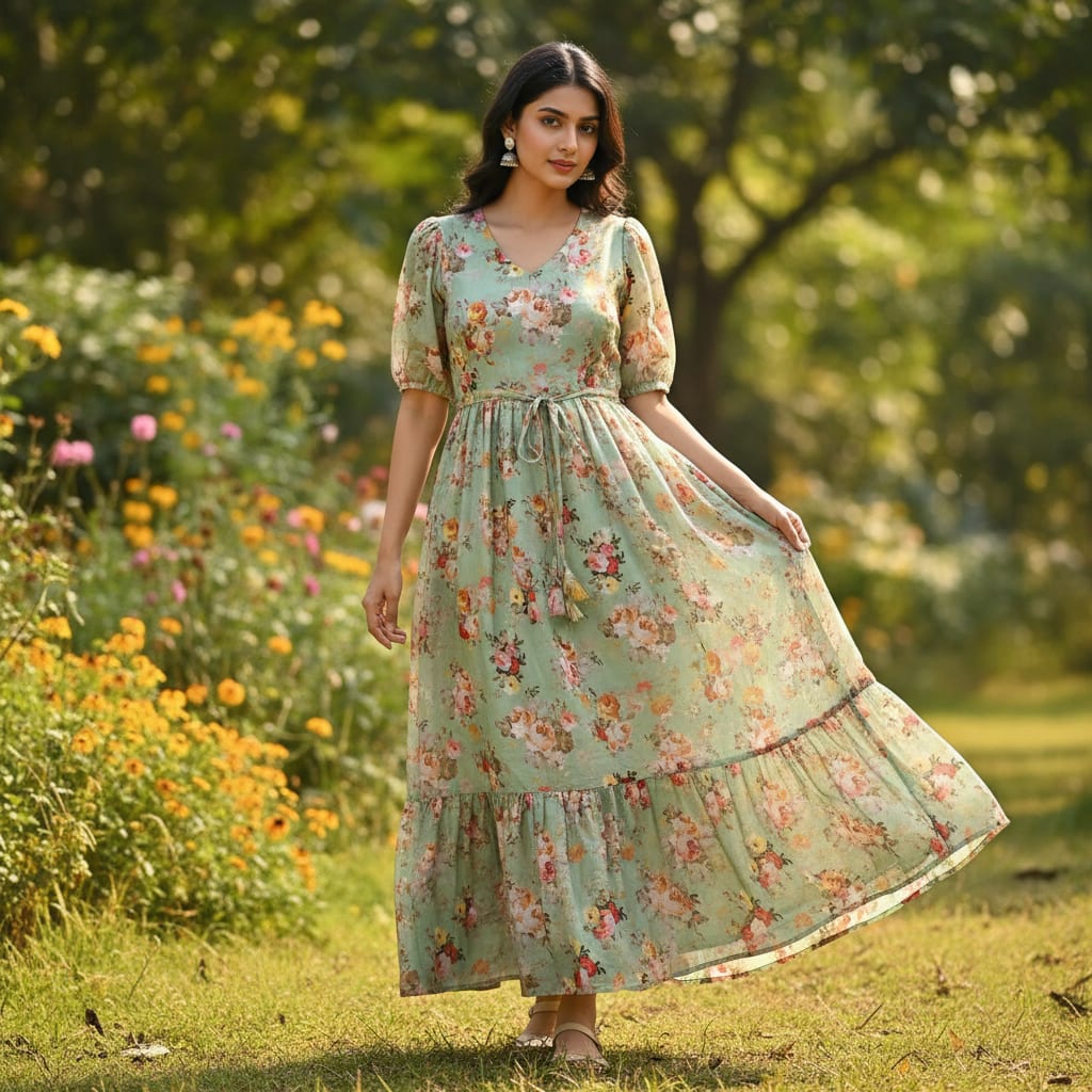 Green Floral Printed Pure Muslin Fabric