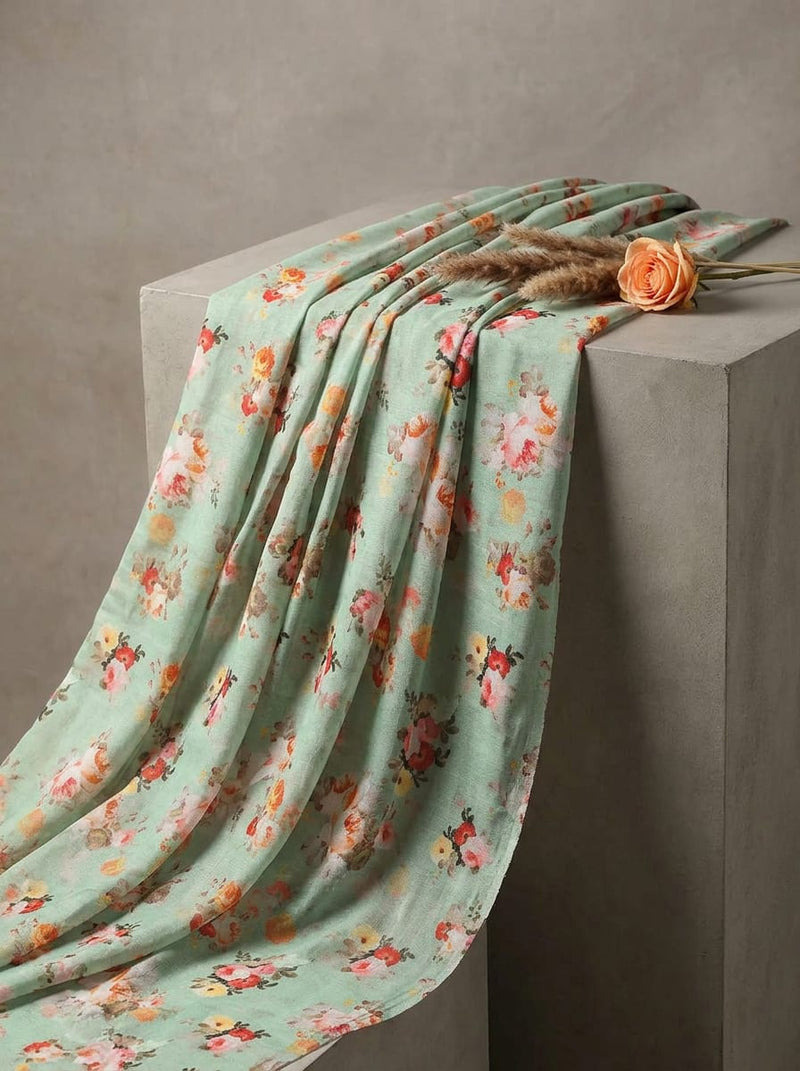 Green Painterly Rose Bouquet Pure Muslin Digital Printed Fabric